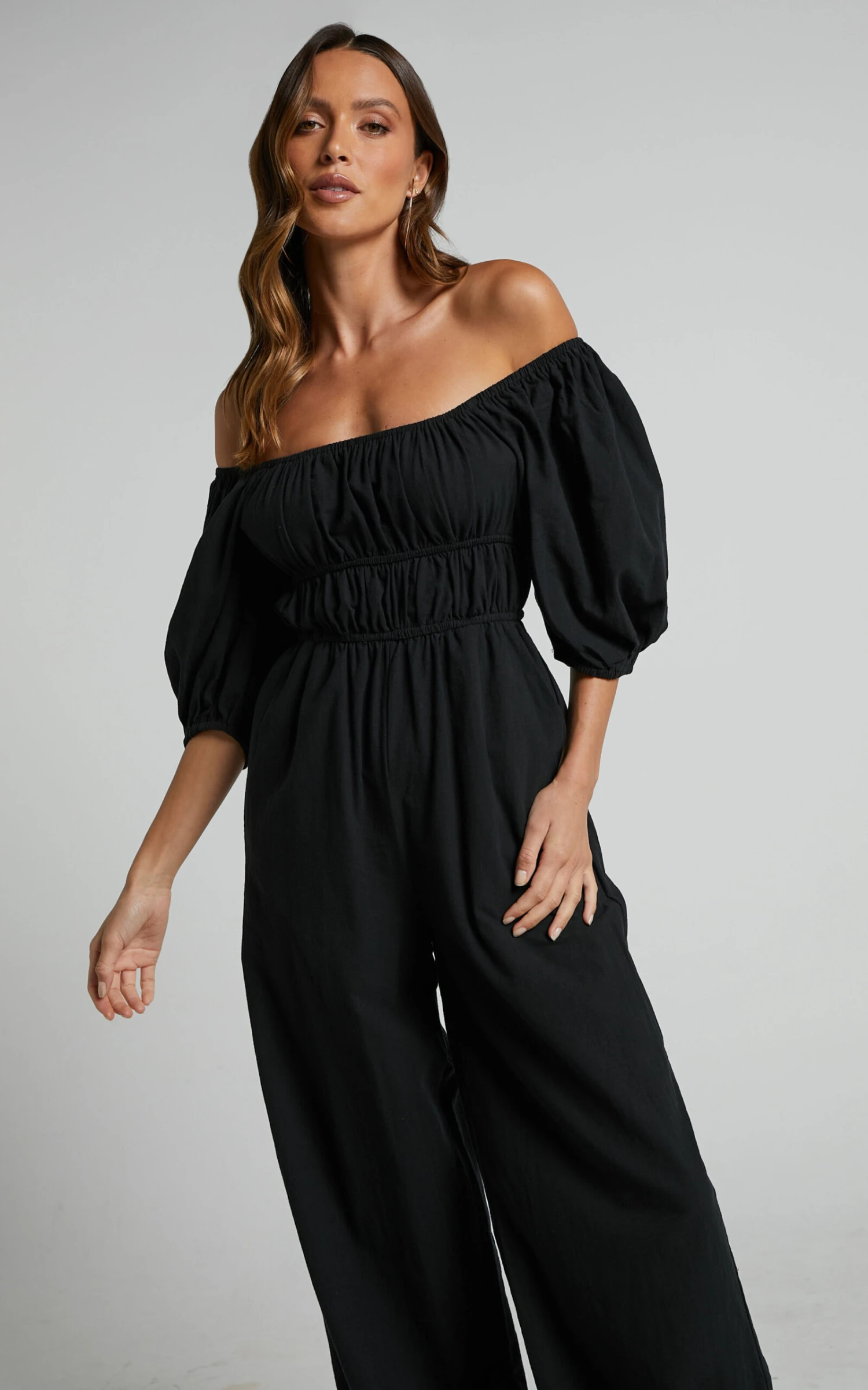 Showpo Delmore Off Shoulder Ruched Bodice Wide Leg Jumpsuit In Black 3 Showpo Delmore Off Shoulder Ruched Bodice Wide Leg Jumpsuit In Black - Image 3