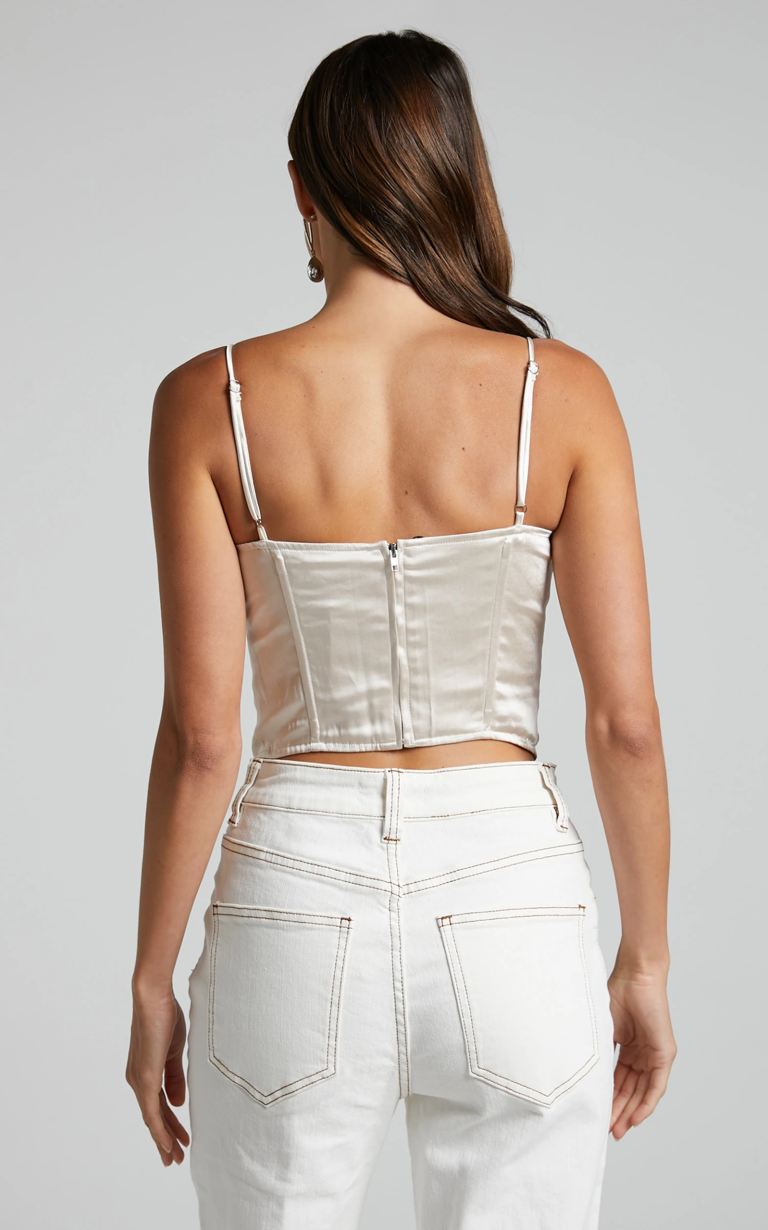 Showpo Denissa Top - Tie Front Longline Satin Corset Top In Oyster - Image 8