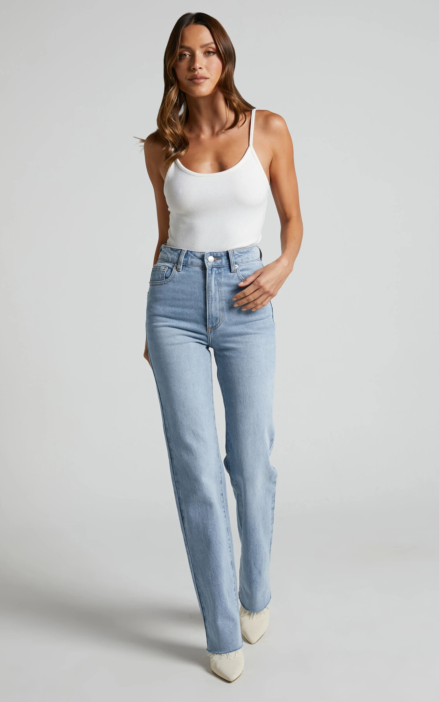 Showpo Dexter High Waisted Straight Leg Denim Jeans In Mid Blue Wash 5 Showpo Dexter High Waisted Straight Leg Denim Jeans In Mid Blue Wash - Image 5