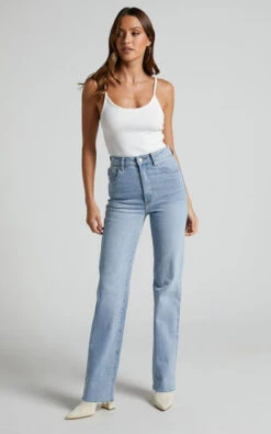 Showpo Dexter High Waisted Straight Leg Denim Jeans In Mid Blue Wash