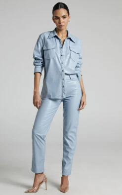 Showpo Dilyenne Mid Waist Straight Leg Faux Leather Pants In Blue