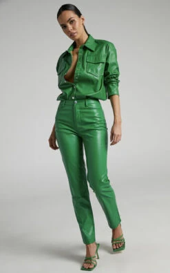 Showpo Dilyenne Mid Waist Straight Leg Faux Leather Pants In Green