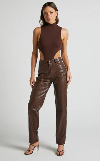 Showpo Dilyenne Mid Waist Straight Leg Faux Leather Pants In Chocolate