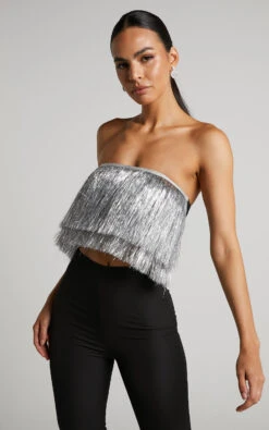 Showpo Dina Top - Strapless Fringe Tier Crop Top In Silver -Showpo Women's Clothing Store Dina Strapless Fringe Bodice in Silver 35