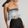 Showpo Dina Top - Strapless Fringe Tier Crop Top In Silver