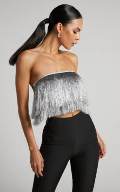 Showpo Dina Top - Strapless Fringe Tier Crop Top In Silver