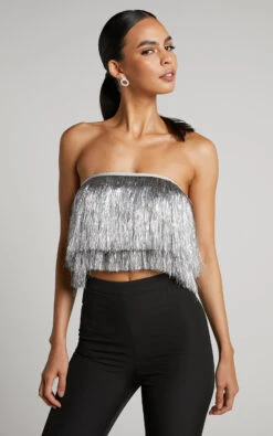 Showpo Dina Top - Strapless Fringe Tier Crop Top In Silver -Showpo Women's Clothing Store Dina Strapless Fringe Bodice in Silver 40