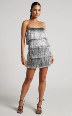 Showpo Dina Mini Dress - Strapless Fringe Tier Dress In Silver 12 Showpo Dina Mini Dress - Strapless Fringe Tier Dress In Silver -Showpo Women's Clothing Store Dina Strapless Fringe Mini Dress in Silver