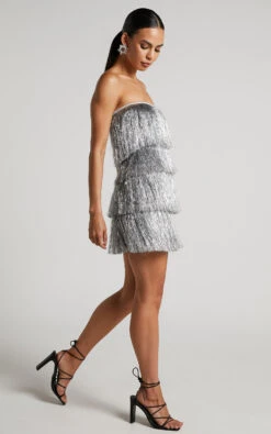 Showpo Dina Mini Dress - Strapless Fringe Tier Dress In Silver 15 Showpo Dina Mini Dress - Strapless Fringe Tier Dress In Silver -Showpo Women's Clothing Store Dina Strapless Fringe Mini Dress in Silver 14