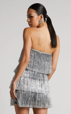 Showpo Dina Mini Dress - Strapless Fringe Tier Dress In Silver 16 Showpo Dina Mini Dress - Strapless Fringe Tier Dress In Silver -Showpo Women's Clothing Store Dina Strapless Fringe Mini Dress in Silver 27