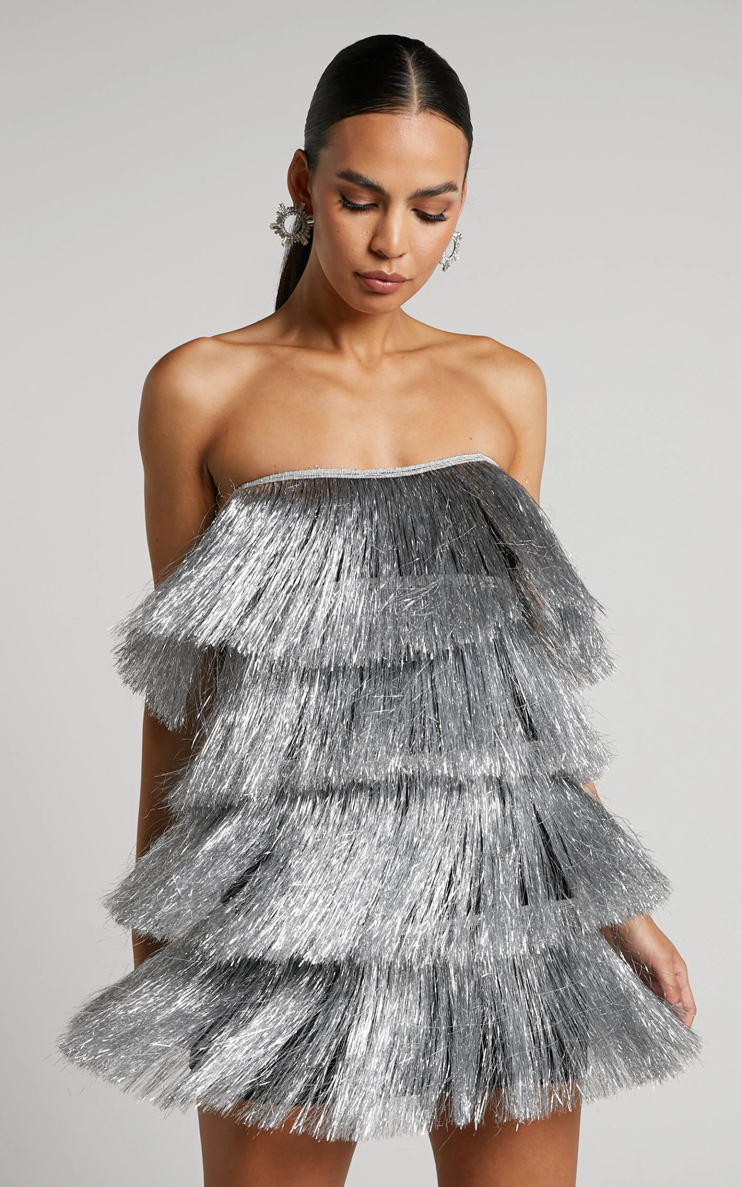 Showpo Dina Mini Dress - Strapless Fringe Tier Dress In Silver 6 Showpo Dina Mini Dress - Strapless Fringe Tier Dress In Silver - Image 6