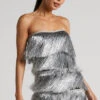Showpo Dina Mini Dress - Strapless Fringe Tier Dress In Silver