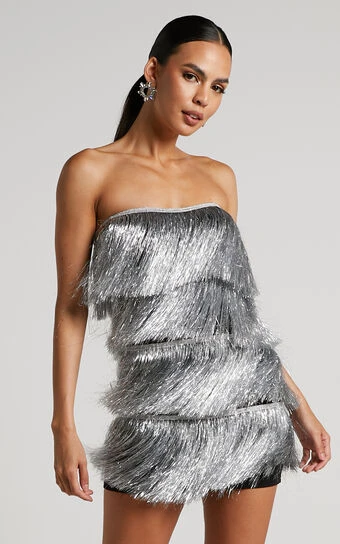Showpo Dina Mini Dress - Strapless Fringe Tier Dress In Silver 1 Showpo Dina Mini Dress - Strapless Fringe Tier Dress In Silver