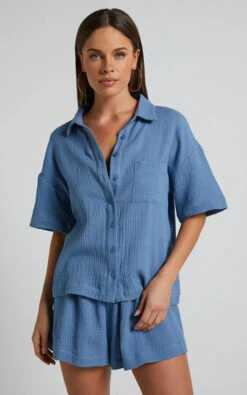 Showpo Donita Button Up Shirt In Azure Blue