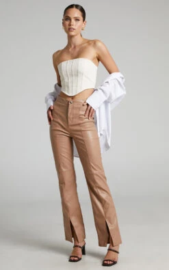 Showpo Evanthe High Waisted Split Front Faux Leather Trousers In Beige 10 Showpo Evanthe High Waisted Split Front Faux Leather Trousers In Beige -Showpo Women's Clothing Store EVANTHE HIGH WAISTED SPLIT FRONT FAUX LEATHER TROUSERS IN BEIGE