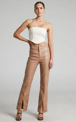Showpo Evanthe High Waisted Split Front Faux Leather Trousers In Beige