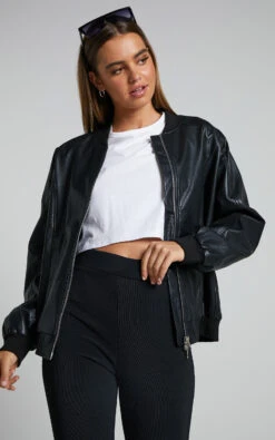 Showpo Edzelith Faux Leather Bomber Jacket In Black 11 Showpo Edzelith Faux Leather Bomber Jacket In Black -Showpo Women's Clothing Store Edzelith Faux Leather Bomber Jacket in Black 5