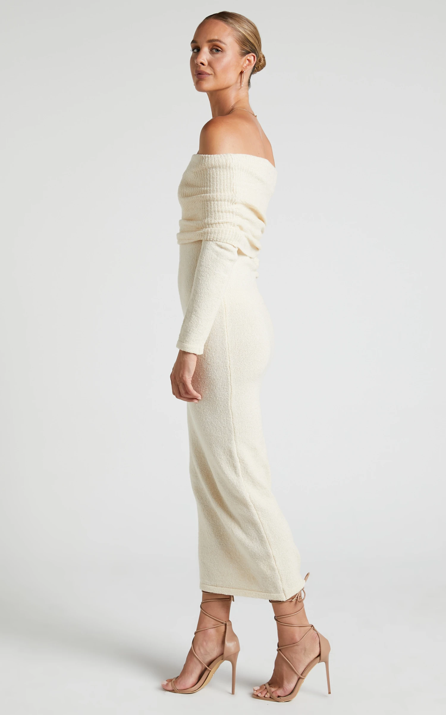 Showpo Ehmie Midi Dress - Knit Folded Off Shoulder Long Sleeve Dress In Natural 6 Showpo Ehmie Midi Dress - Knit Folded Off Shoulder Long Sleeve Dress In Natural - Image 6