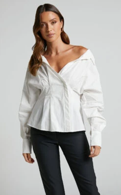 Showpo Elenina Shirt - Long Sleeve Pleat Waist Shirt In White -Showpo Women's Clothing Store Elenina Shirt Long Sleeve Pleat Waist Shirt in White 1