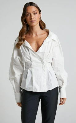 Showpo Elenina Shirt - Long Sleeve Pleat Waist Shirt In White -Showpo Women's Clothing Store Elenina Shirt Long Sleeve Pleat Waist Shirt in White 10