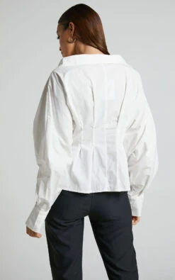 Showpo Elenina Shirt - Long Sleeve Pleat Waist Shirt In White -Showpo Women's Clothing Store Elenina Shirt Long Sleeve Pleat Waist Shirt in White 6