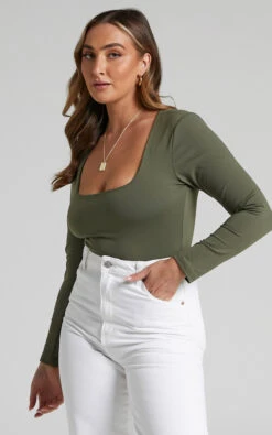 Showpo Elia Square Neck Long Sleeve Bodysuit In Olive 13 Showpo Elia Square Neck Long Sleeve Bodysuit In Olive -Showpo Women's Clothing Store Elia Square Neck Long Sleeve Bodysuit in Olive 2528ST22030042022529 4
