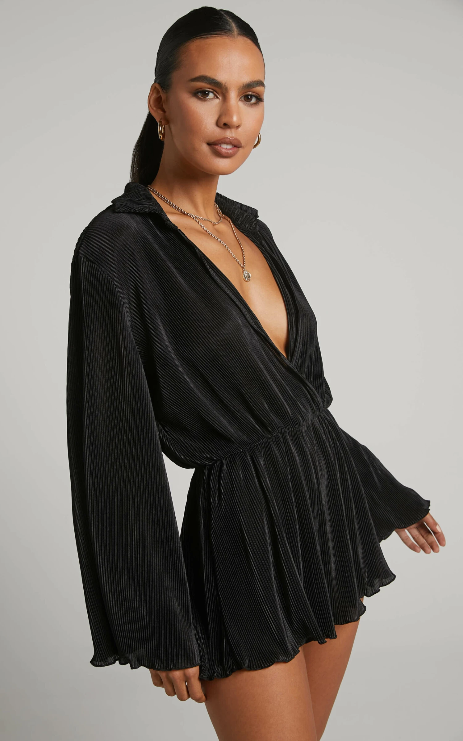 Showpo Elowen Playsuit - Plisse Collared Long Sleeve Playsuit In Black 2 Showpo Elowen Playsuit - Plisse Collared Long Sleeve Playsuit In Black - Image 2