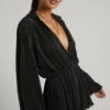 Showpo Elowen Playsuit - Plisse Collared Long Sleeve Playsuit In Black