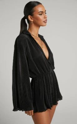 Showpo Elowen Playsuit - Plisse Collared Long Sleeve Playsuit In Black 12 Showpo Elowen Playsuit - Plisse Collared Long Sleeve Playsuit In Black -Showpo Women's Clothing Store Elowen Collared Long Sleeve Plisse Playsuit in Black 2528SP22090006022529 4
