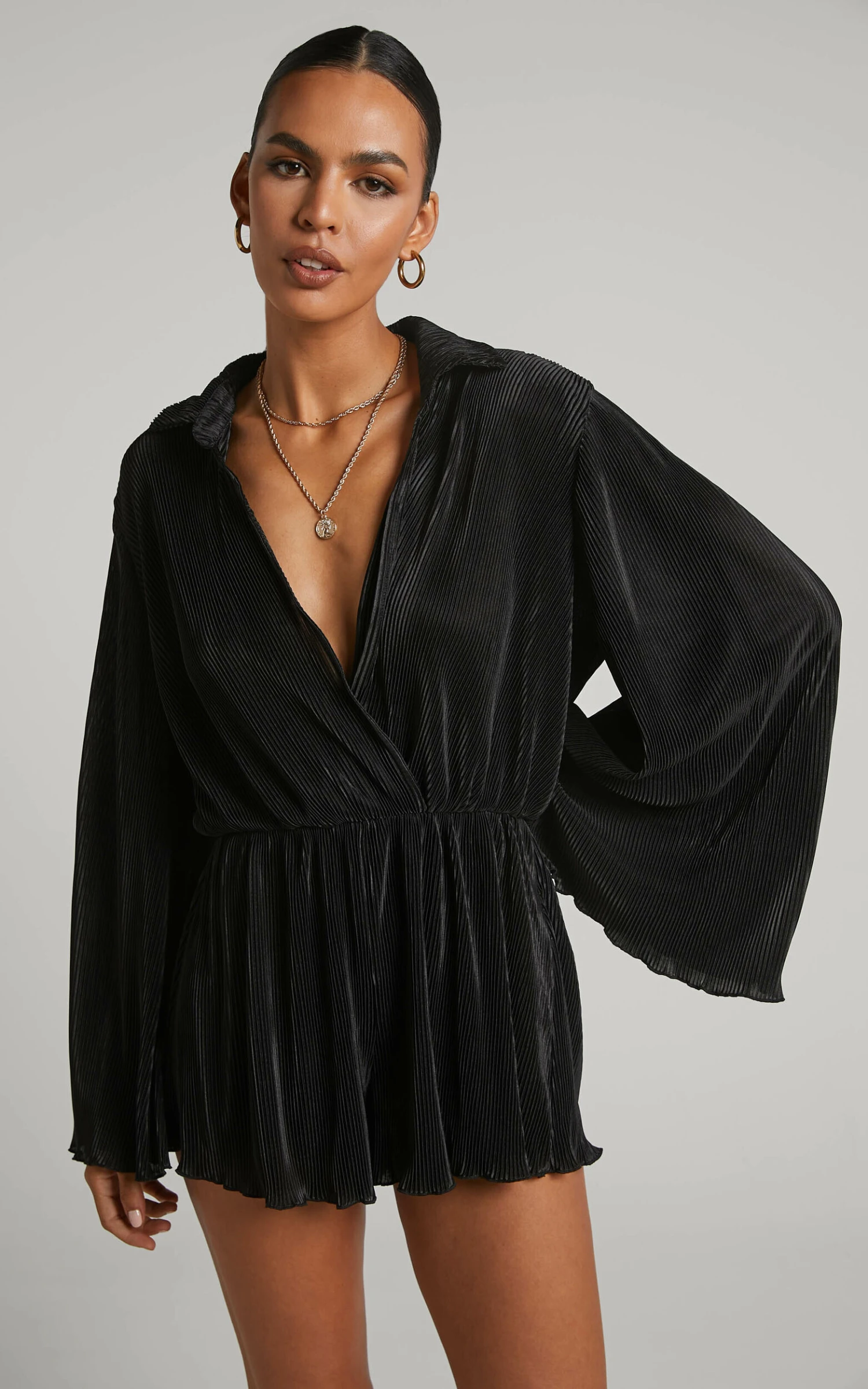 Showpo Elowen Playsuit - Plisse Collared Long Sleeve Playsuit In Black 4 Showpo Elowen Playsuit - Plisse Collared Long Sleeve Playsuit In Black - Image 4
