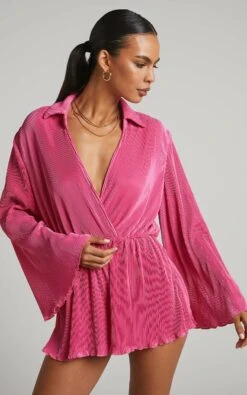 Showpo Elowen Playsuit - Plisse Collared Long Sleeve Playsuit In Pink 11 Showpo Elowen Playsuit - Plisse Collared Long Sleeve Playsuit In Pink -Showpo Women's Clothing Store Elowen Collared Long Sleeve Plisse Playsuit in Pink 2528SP22090006032529 4