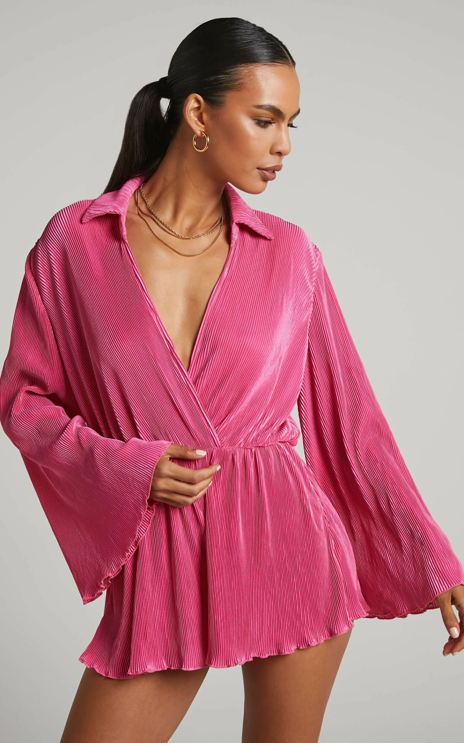 Showpo Elowen Playsuit - Plisse Collared Long Sleeve Playsuit In Pink 5 Showpo Elowen Playsuit - Plisse Collared Long Sleeve Playsuit In Pink - Image 5