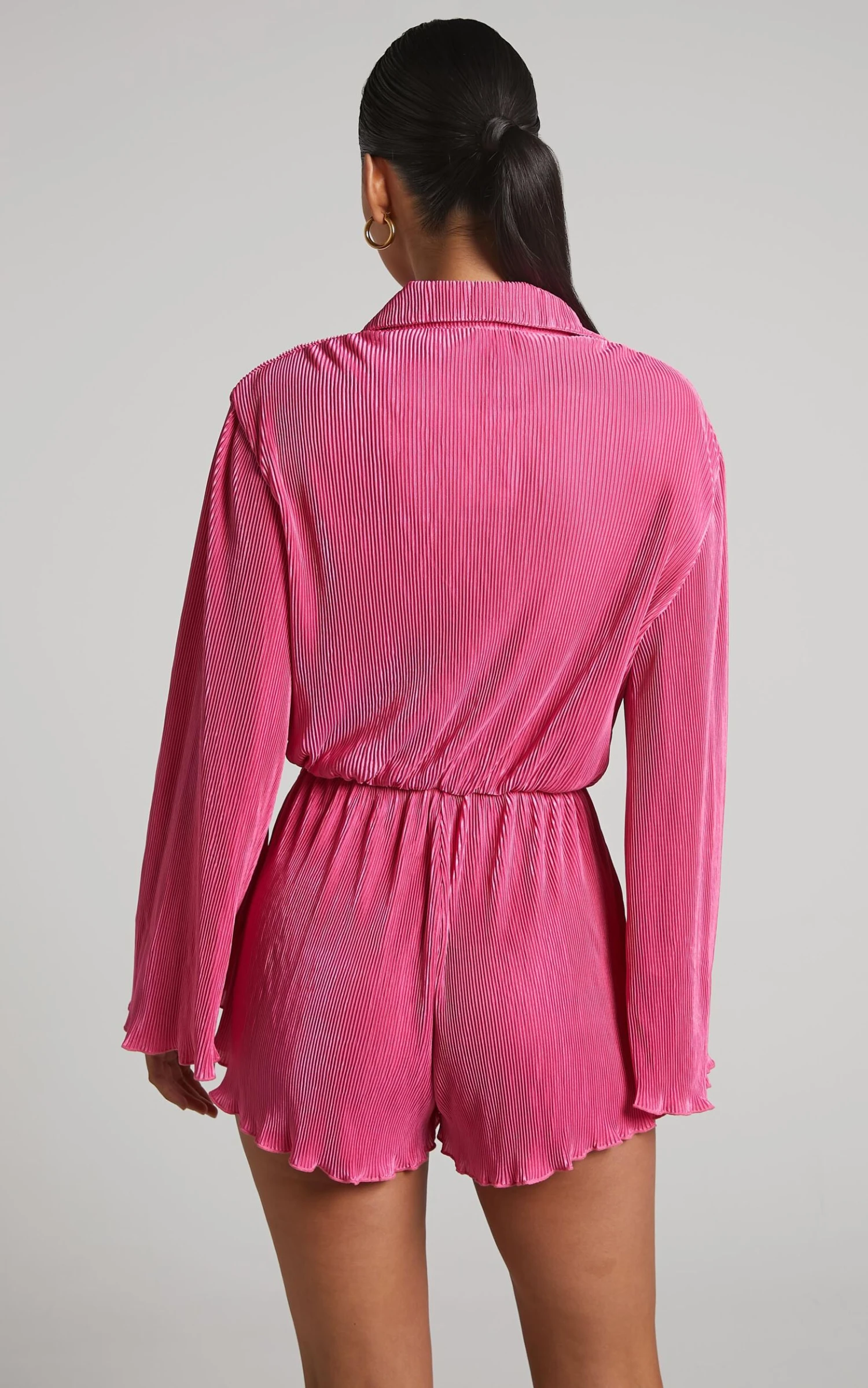 Showpo Elowen Playsuit - Plisse Collared Long Sleeve Playsuit In Pink 6 Showpo Elowen Playsuit - Plisse Collared Long Sleeve Playsuit In Pink - Image 6