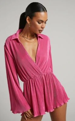 Showpo Elowen Playsuit - Plisse Collared Long Sleeve Playsuit In Pink