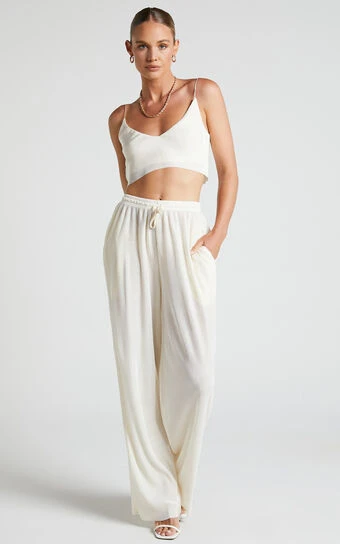 Showpo Elowen Two Piece Set - Plisse Crop Top And Relaxed Wide Leg Pants In Cream 1 Showpo Elowen Two Piece Set - Plisse Crop Top And Relaxed Wide Leg Pants In Cream