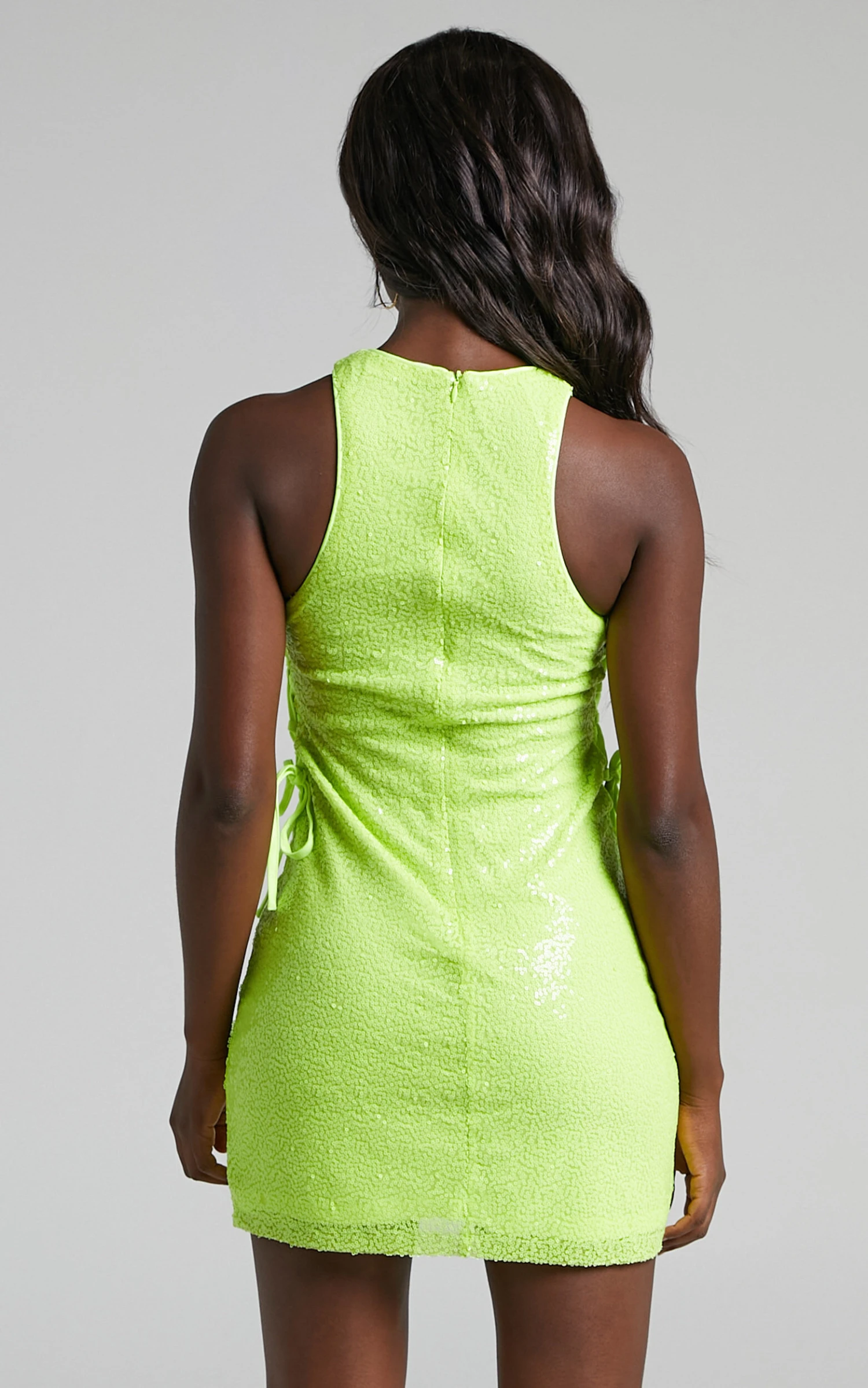 Showpo Elswyth Lace Tie Cut Out Sequin Mini Dress In Citrus 5 Showpo Elswyth Lace Tie Cut Out Sequin Mini Dress In Citrus - Image 5