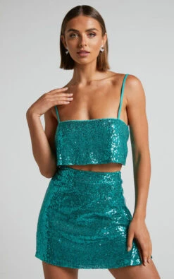 Showpo Elswyth Side Split Sequin Mini Skirt In Teal