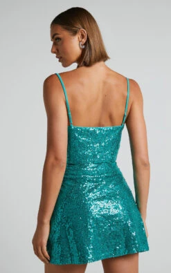 Showpo Elswyth Side Split Sequin Mini Skirt In Teal 12 Showpo Elswyth Side Split Sequin Mini Skirt In Teal -Showpo Women's Clothing Store Elswyth Strappy Sequin Crop Top in Teal 3 1
