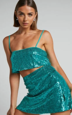 Showpo Elswyth Strappy Sequin Crop Cami In Teal