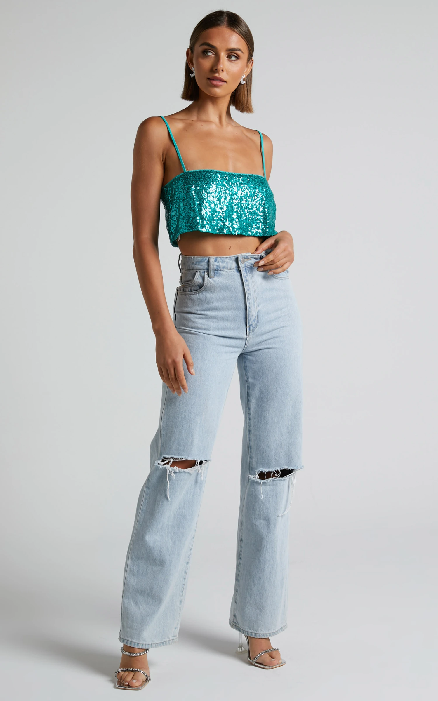 Showpo Elswyth Strappy Sequin Crop Cami In Teal 3 Showpo Elswyth Strappy Sequin Crop Cami In Teal - Image 3