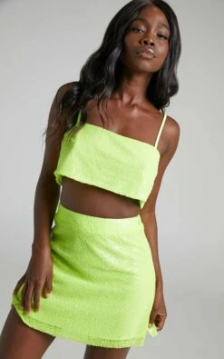 Showpo Elswyth Side Split Sequin Mini Skirt In Citrus 8 Showpo Elswyth Side Split Sequin Mini Skirt In Citrus -Showpo Women's Clothing Store Elswyth sequin Crop Top in Citrus 2528ST22040068012529 4