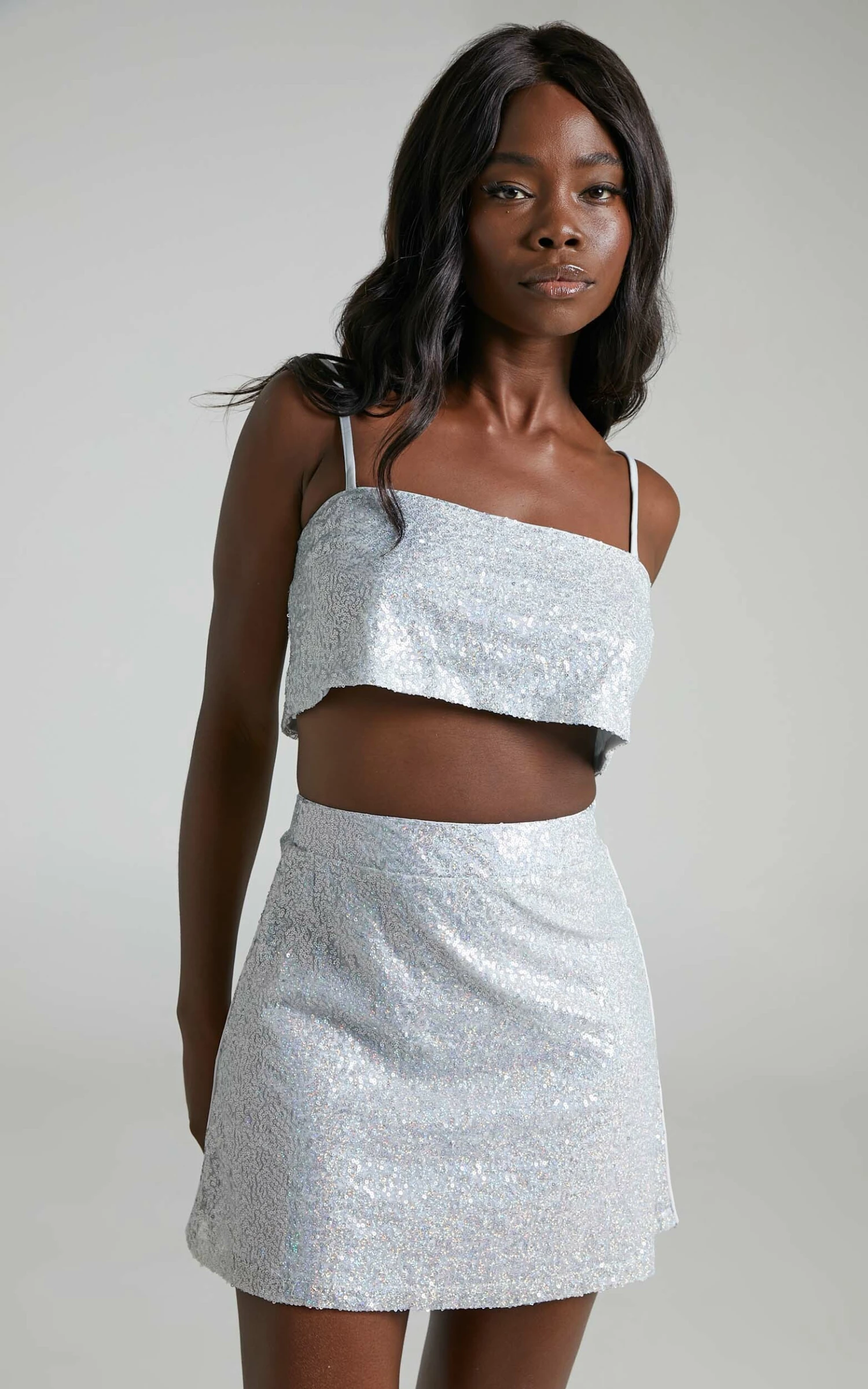 Showpo Elswyth Strappy Sequin Crop Cami In Silver 2 Showpo Elswyth Strappy Sequin Crop Cami In Silver - Image 2