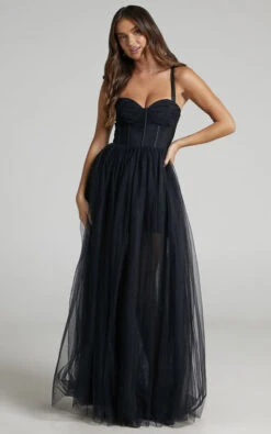 Showpo Emmary Bustier Bodice Tulle Gown In Black