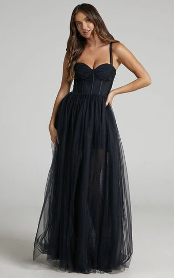 Showpo Emmary Bustier Bodice Tulle Gown In Black 1 Showpo Emmary Bustier Bodice Tulle Gown In Black