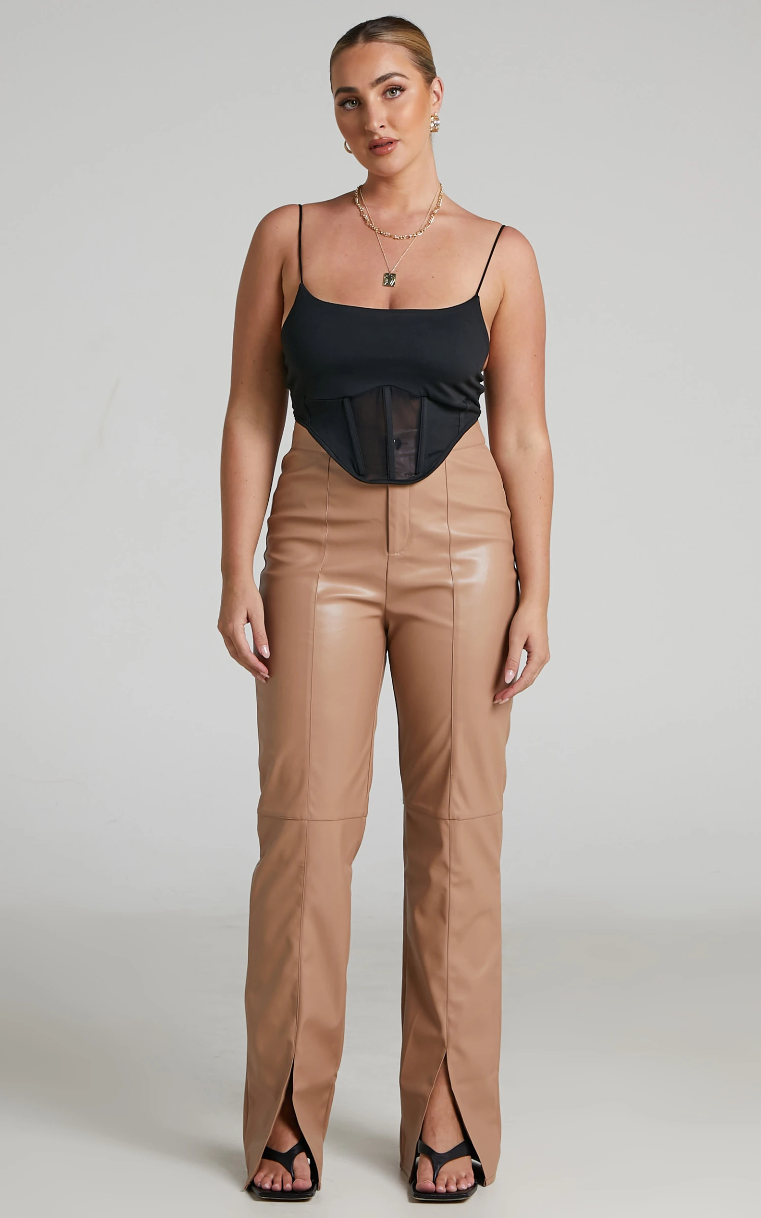 Showpo Evanthe High Waisted Split Front Faux Leather Trousers In Beige 3 Showpo Evanthe High Waisted Split Front Faux Leather Trousers In Beige - Image 3