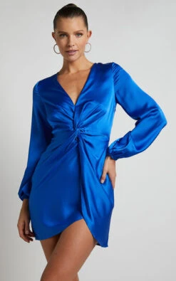 Showpo Everest Twist Front Relaxed Sleeve Mini Dress In Cobalt