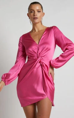 Showpo Everest Twist Front Relaxed Sleeve Mini Dress In Hot Pink
