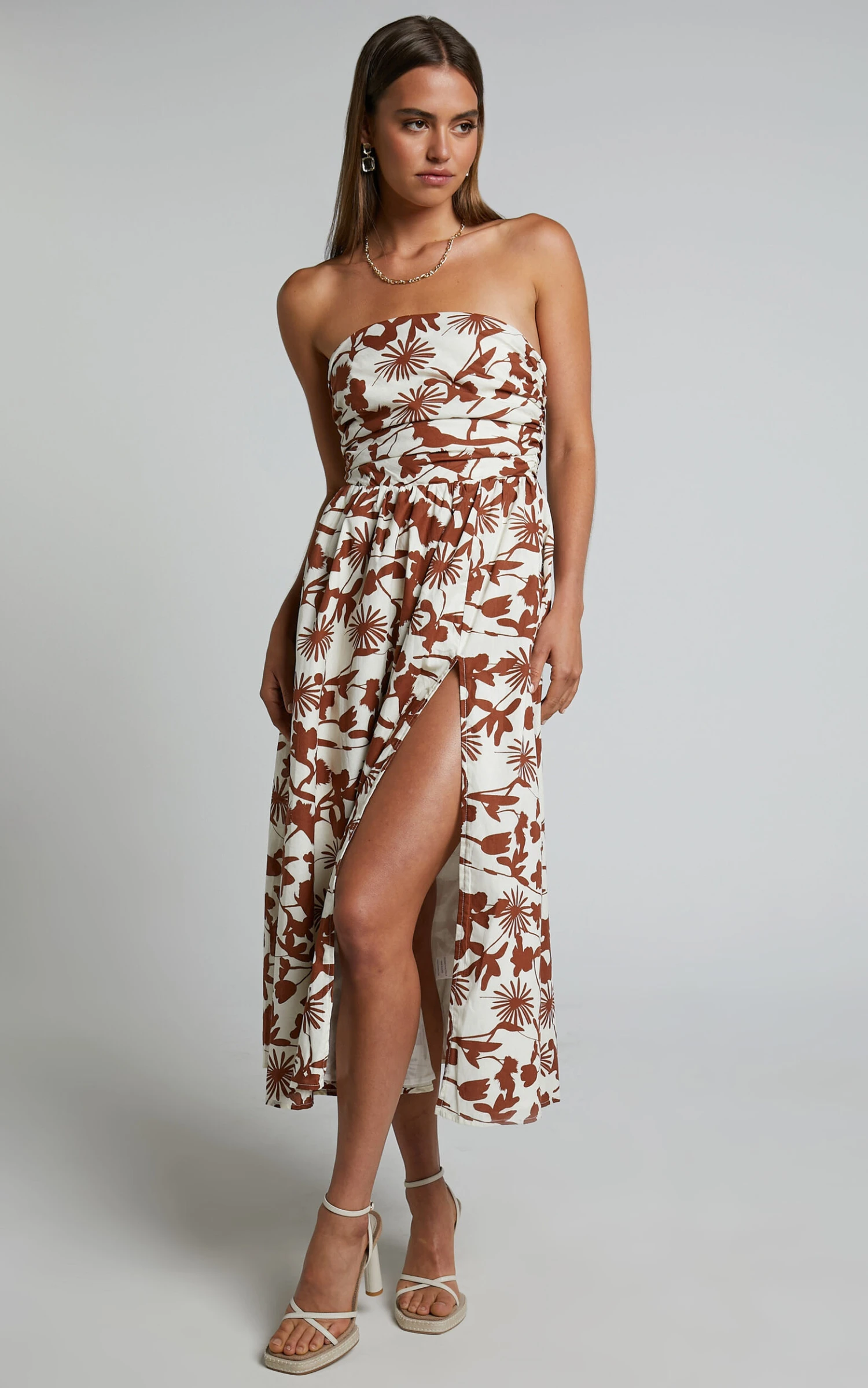 Showpo Evita Midi Dress - Ruched High Split Strapless Dress In Multi 4 Showpo Evita Midi Dress - Ruched High Split Strapless Dress In Multi - Image 4