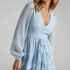 Showpo Eyes That Know Me Long Sleeve Ruffle Mini Dress In Powder Blue