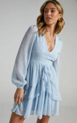 Showpo Eyes That Know Me Long Sleeve Ruffle Mini Dress In Powder Blue